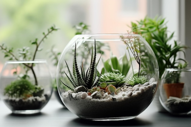 Diseño de interiores Mini jardín suculento en terrario de vidrio en el alféizar de la ventana