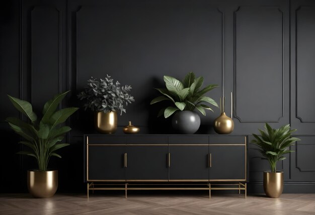 diseño de interiores moderno negro y dorado