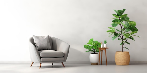 Diseño de interiores moderno con pared de maqueta en blanco claro y muebles grises