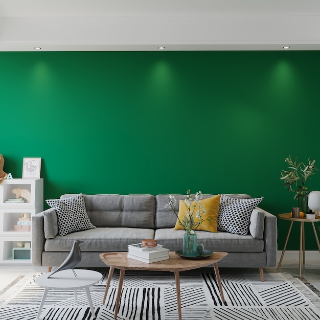 Diseño de interiores moderno con sofá frente a la pared verde 3D Render