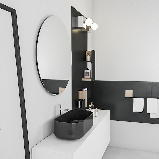 Diseño de interiores de muebles de baño minimalista moderno de renderizado 3d