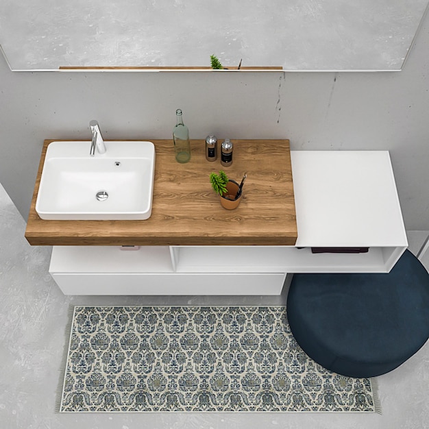 Diseño de interiores de muebles de baño minimalista moderno de renderizado 3d