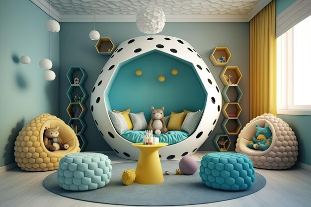 Diseño de interiores para niños en una habitación infantil moderna con sillas redondas y juguetes creados con ai generativo