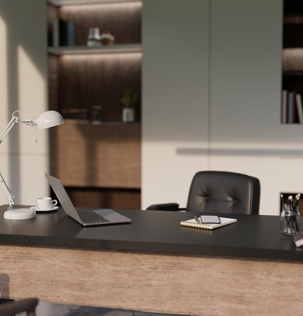 Diseño de interiores de oficina privada de CEO moderno con lámpara de mesa para computadora portátil y accesorios en la mesa