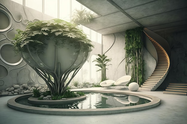 Diseño de interiores con piscina y plantas verdes.