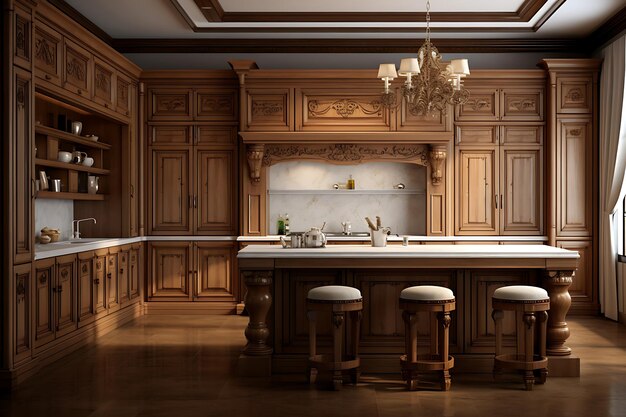Diseño de interiores de sala de cocina tradicional Representación 3D