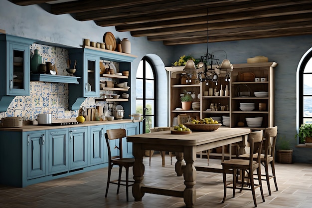 Diseño de interiores de sala de cocina tradicional Representación 3D