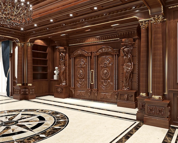 Diseño de interiores de sala de estar clásica de renderizado 3d