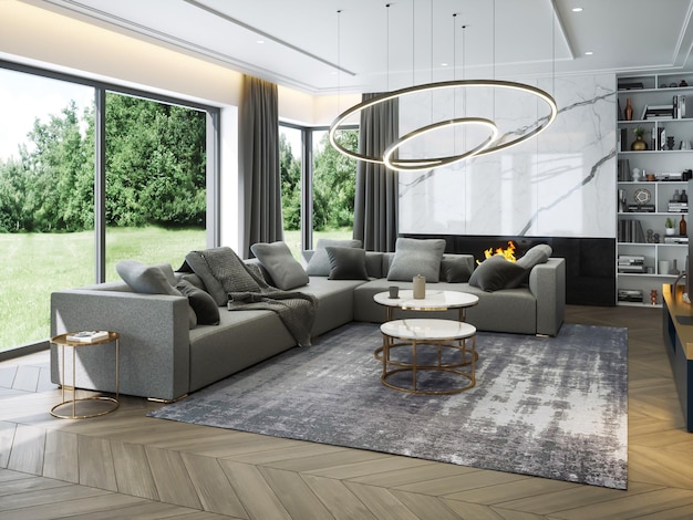Diseño de interiores de sala de estar y cocina de renderizado 3D