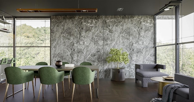 Diseño de interiores de sala de estar, comedor y cocina de sala principal de lujo moderno de representación 3d