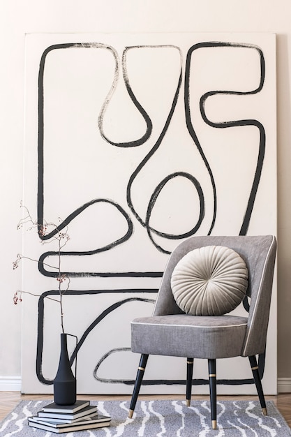 Diseño de interiores de sala de estar con elegante sillón gris, cuadros abstractos en la pared, flores en jarrón, almohada, cuadros y elegantes accesorios personales. Concepto beige. Escenografía casera moderna.