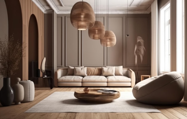 Diseño de interiores de sala de estar estética con sofá modular de sala de maquetas, jarrón de madera con soporte