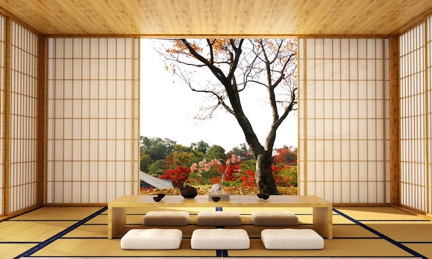 Diseño de interiores para sala de estar en estilo japonés.