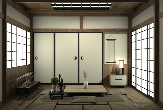 Diseño de interiores de sala de estar con gabinete en diseño de pared de estante y decoración estilo japonés.