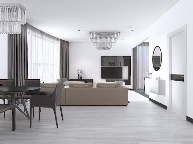 Diseño de interiores: Sala de estar con un gran sofá de esquina y una unidad de TV en estilo contemporáneo. Representación 3d