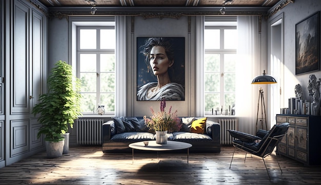 Diseño de interiores de sala de estar interior de casa ecológica de estilo moderno Imagen generada por IA