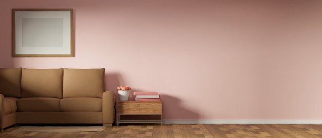 Diseño de interiores de sala de estar con mesa auxiliar de sofá y marco de maqueta decorado en pared rosa representación 3D