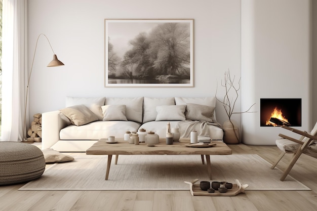 Diseño de interiores de sala de estar minimalista escandinava