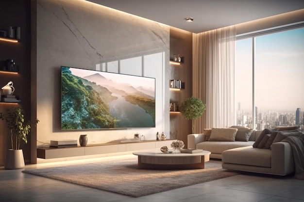 Diseño de interiores de sala de estar moderna con pantalla de televisión en pared de hormigón 3D Rendering