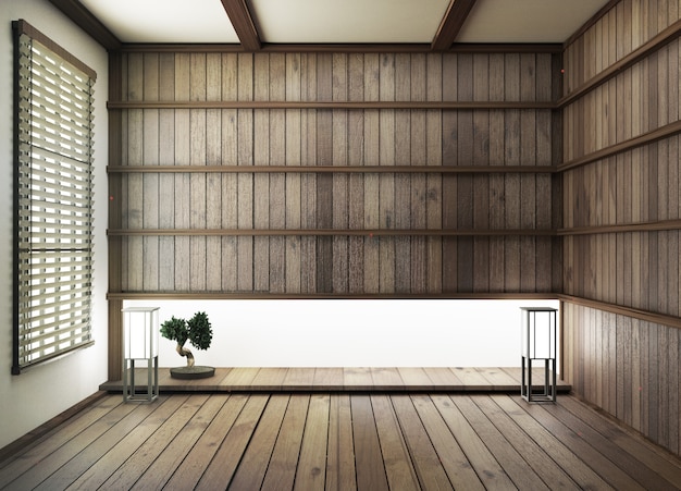 Diseño de interiores, sala de estar moderna con piso de madera y pared de madera estilo japonés