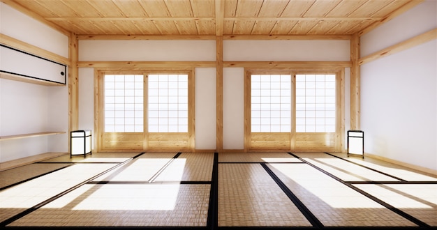 Diseño de interiores, sala de estar moderna con tatami y puerta tradicional japonesa en la mejor vista de la ventana. Representación 3D