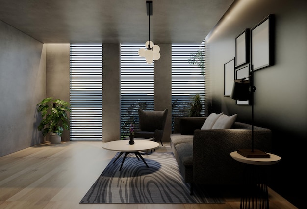 Diseño de interiores de sala de estar moderno contemporáneo con tonos naturales en las paredes de la habitación, piso y techo, ilustración de renderizado 3d