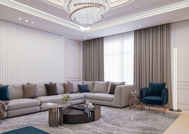 Diseño de interiores de sala de estar neoclásico de lujo de renderizado 3d