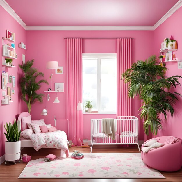 El diseño de interiores de la sala de estar de los niños de color rosa