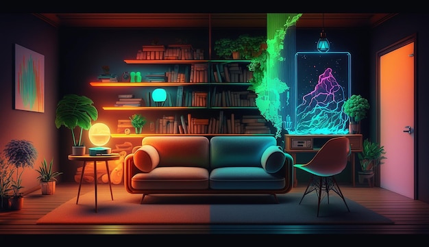 Diseño de interiores de sala de estar de planta de letrero de neón para el hogar inteligente Imagen generada por IA