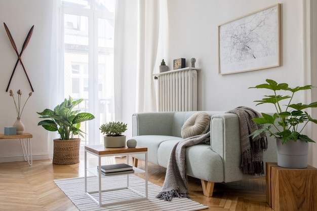 Diseño de interiores de sala de estar Scandi con maqueta de sofá con marco de póster y plantilla de accesorios