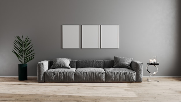 Diseño de interiores de sala de estar con sofá gris y planta verde