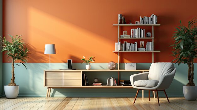 Diseño de interiores de sala de estar con sofá, lámpara colgante, estantería y sillones, estilo minimalista, moder