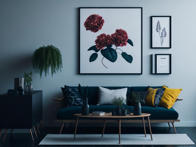 Diseño de interiores de sala de estar con sofá y silla y flores en la mesa y póster de maquetas de flores.