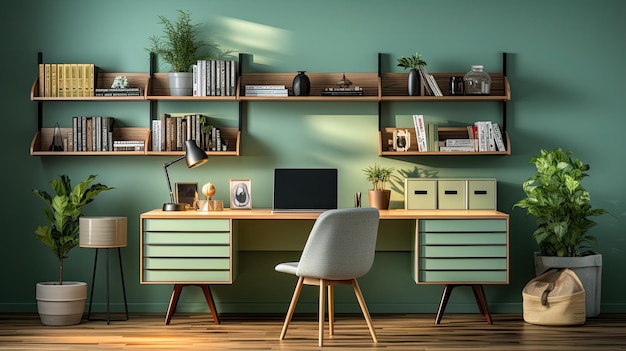 diseño de interiores de sala de estudio con computadoras librería sillas y mesas y sillones estilo minimalista