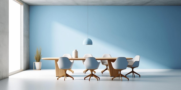 Diseño de interiores de salas de reuniones con estilo de color azul mediante herramientas generativas de IA