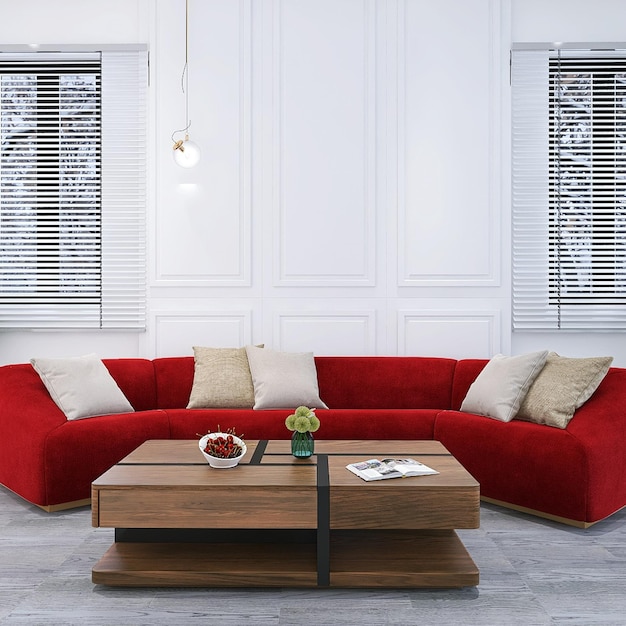 Diseño de interiores de salón moderno con sofá rojo, mesa de madera, fondo blanco, ventanas