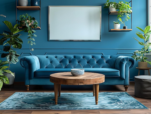 diseño de interiores con un sofá azul y una mesa de café de madera en una sala de estar