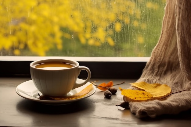 Diseño de interiores Taza de té de otoño, café, chocolate y hojas secas amarillas cerca de un espacio de copia de ventana Bebida caliente para los días fríos y lluviosos de otoño Concepto Hygge humor otoñal