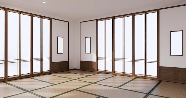 Diseño de interiores de yoga, limpieza de habitaciones minimalistas, representación 3D de estilo japonés.