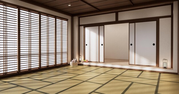 Diseño de interiores de yoga, limpieza de habitaciones minimalistas, representación 3D de estilo japonés.