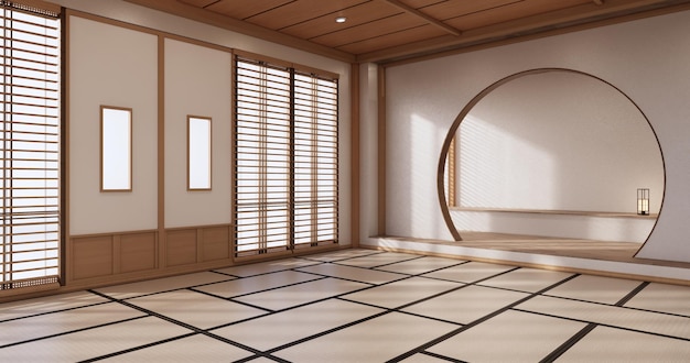 Diseño de interiores de yoga, limpieza de habitaciones minimalistas, representación 3D de estilo japonés.