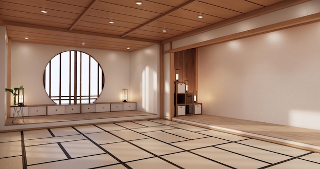 Diseño de interiores de yoga, limpieza de habitaciones minimalistas, representación 3D de estilo japonés.