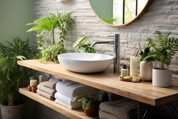 Diseño de interioresBaño moderno y blanco Habitación luminosa Interior moderno Plantas verdes en el mostrador de madera y lavabo del baño creado ai generativo