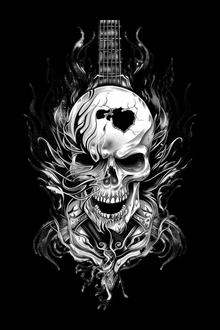 Diseño intrincado de cráneo y guitarra con elementos de fuego