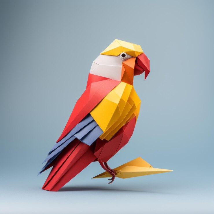 Foto diseño inventivo de un loro origami minimalista sobre un fondo azul