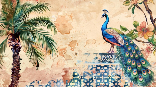 Foto diseño de invitación con una imagen de una palmera un pavo real y un patrón de azulejos que se asemeja al jardín mogol