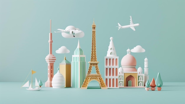 Un diseño de invitación que muestra puntos de referencia icónicos de todo el mundo en 3D