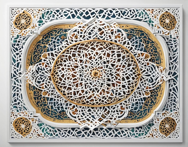un diseño islámico blanco y dorado en una pared blanca