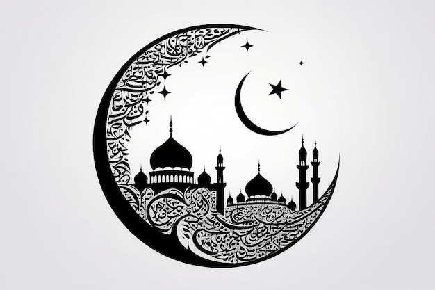 Foto diseño islámico de ramadan kareem con silueta de la mezquita de la media luna y caligrafía árabe