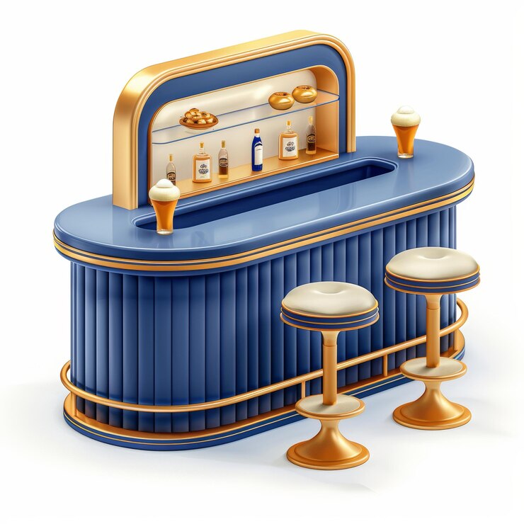 Foto diseño isométrico 3d de un mostrador de bar moderno con taburetes y estantes que muestran botellas y vasos en azul y oro